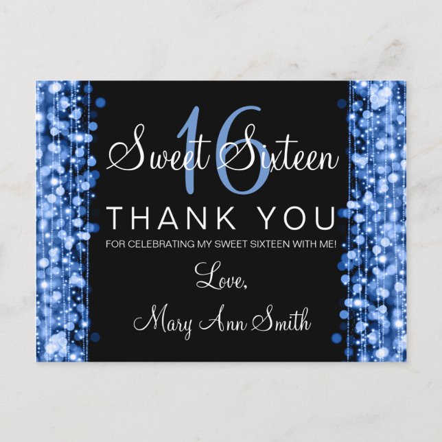 Danke Note Sweet 16 Party Glitzern Blue Postkarte (Vorderseite)