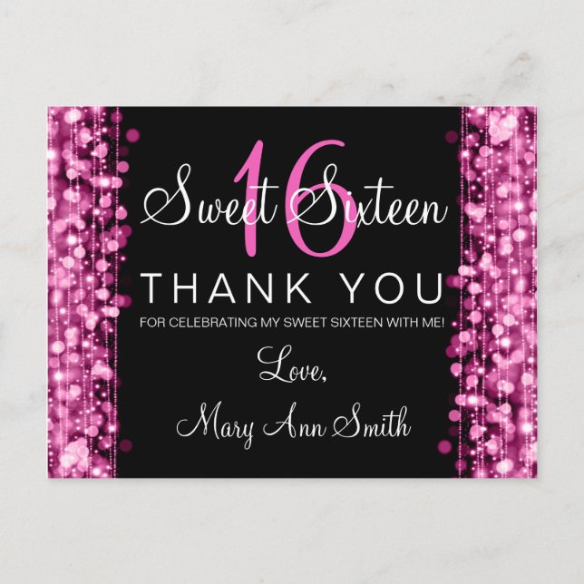 Danke Note Sweet 16 Party Glitzern Pink Postkarte (Vorderseite)