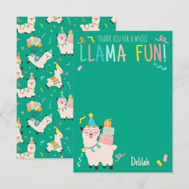 Danke Party-Tiere Llama Geburtstagsmädchen Grün (Vorne/Hinten)