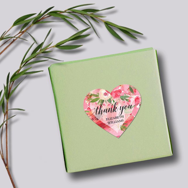 Danke, Peony Blume Herz-Aufkleber (1-1/2" heart stickers with your name and Thank You on pink and cream peony flowers)