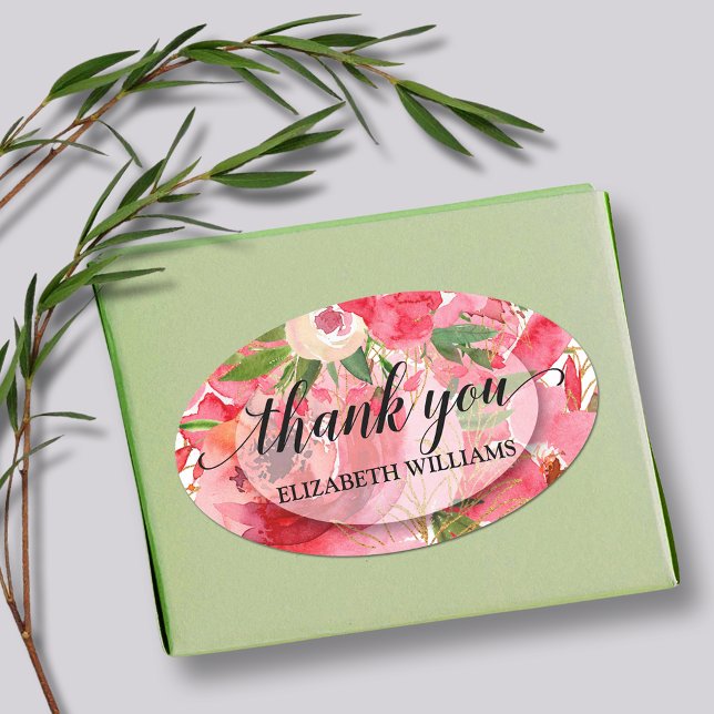 Danke, Peony Blume Ovaler Aufkleber (3" round stickers with your name and Thank You on pink and cream peony flowers)