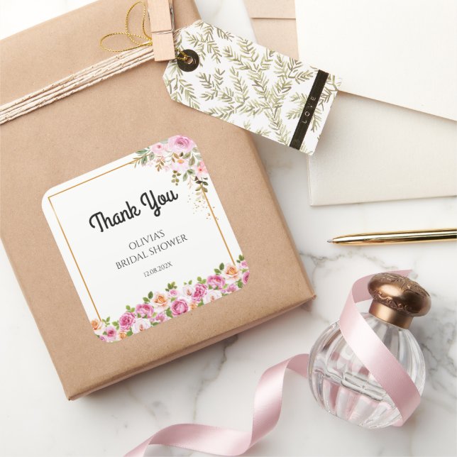 Danke Petals und Prosecco Brautparty Quadratischer Aufkleber (Schenken)