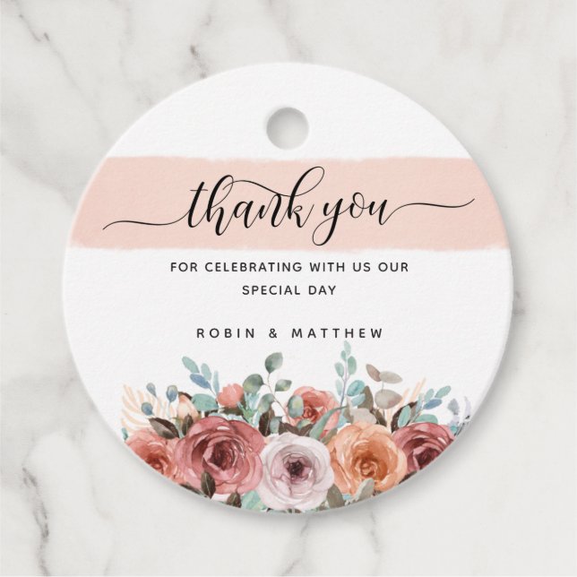 Danke, Pfirsich, Blush, Minzflora, Hochzeit Geschenkanhänger (Vorderseite)