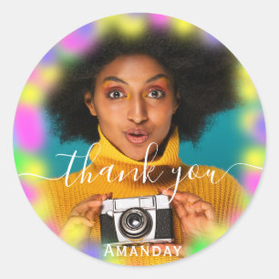 Danke Photo Neon Rosa Party Holografisch Absolvent Runder Aufkleber