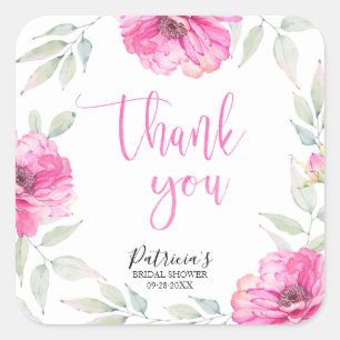 Danke, Pink Floral Watercolor Brautparty Quadratischer Aufkleber