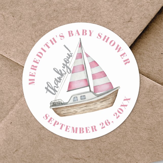 Danke Pink Nautical Baby Dusche Runder Aufkleber (Thank You Pink Nautical Baby Shower Classic Round Sticker )