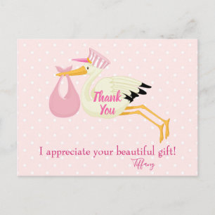 Danke Pink Polka Dots mit Stork Postkarte