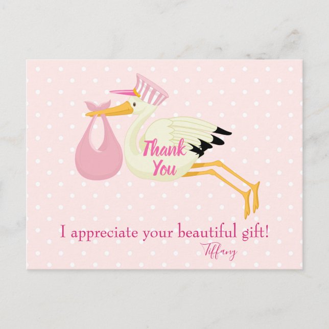 Danke Pink Polka Dots mit Stork Postkarte (Vorderseite)