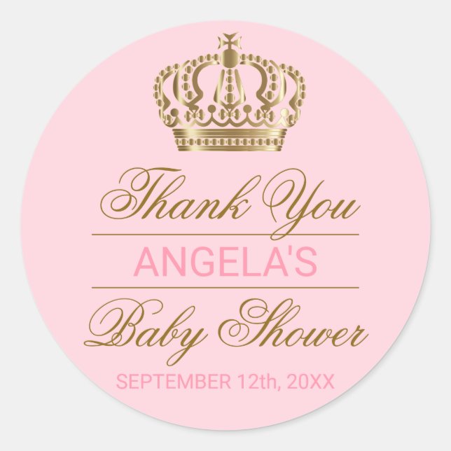 Danke Pink Princess Gold Crown Baby Dusche Runder Aufkleber (Vorderseite)