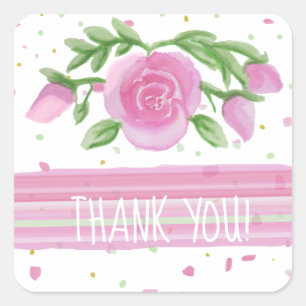 Danke Pink Watercolor Rose Floral Quadratischer Aufkleber