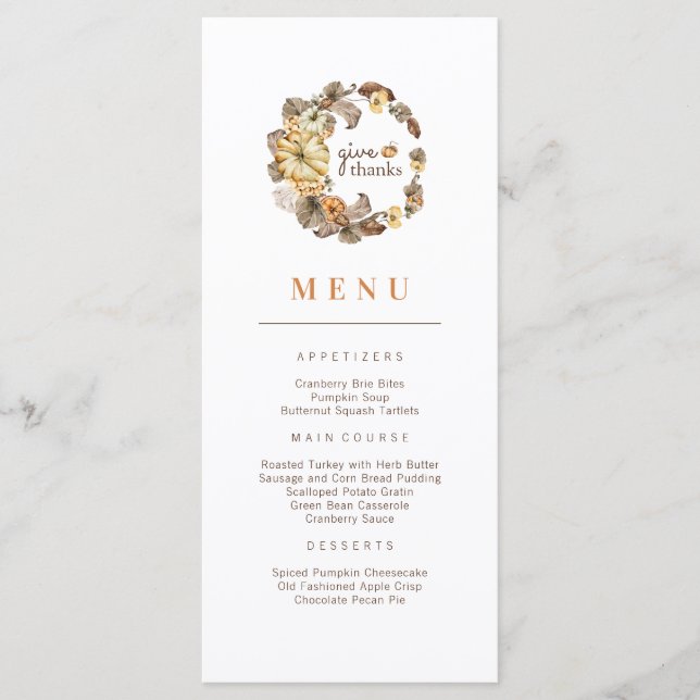 Danke Pumpkin Wreath Erntedank Menu Menükarte (Vorderseite)