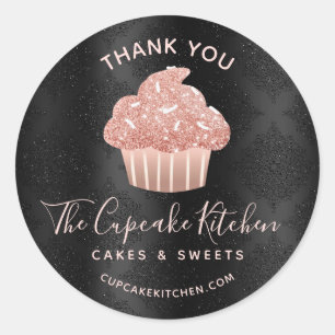 Danke Rose Gold Cupcake Bäckerei Schwarz Damast Runder Aufkleber