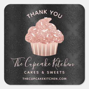Danke Rose Gold Cupcake Black Damask Bäckerei Quadratischer Aufkleber