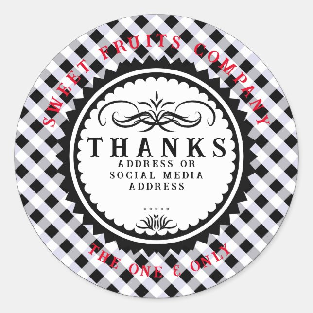 Danke Schwarz-weiß Gingham Classic Round Sticker (Vorderseite)