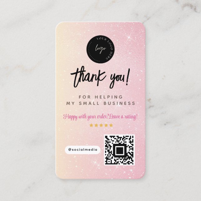 Danke Social Media QR Code & Logo Rosa Glitter Visitenkarte (Vorderseite)