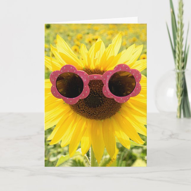 Danke, Sonnenblume mit rosa Sonnenbrille Dankeskarte (Vorderseite)