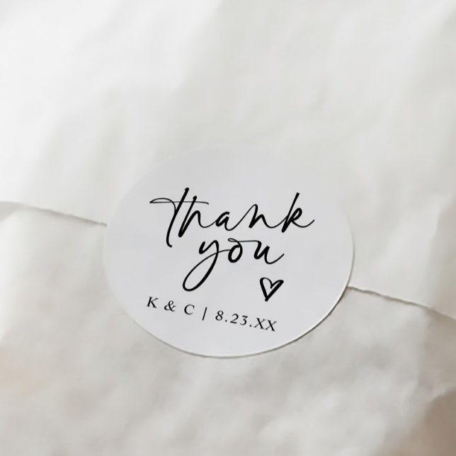Danke Stickers für Gastgeschenke Hochzeiten Modern (Modern minimalist handwriting wedding thank you favor tags with heart in black and white)