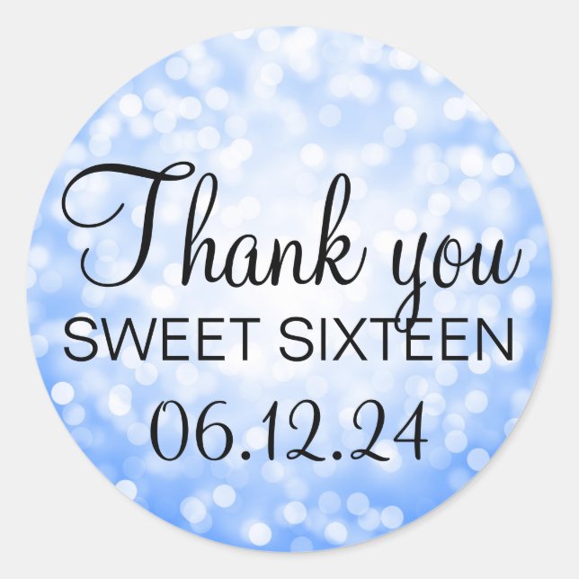 Danke Sweet 16 Birthday Blue Glitzer Lights Runder Aufkleber (Vorderseite)