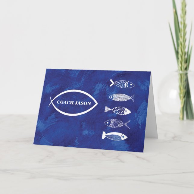 Danke Swim Coach mit Fish on Blue Adding Karte (Vorderseite)