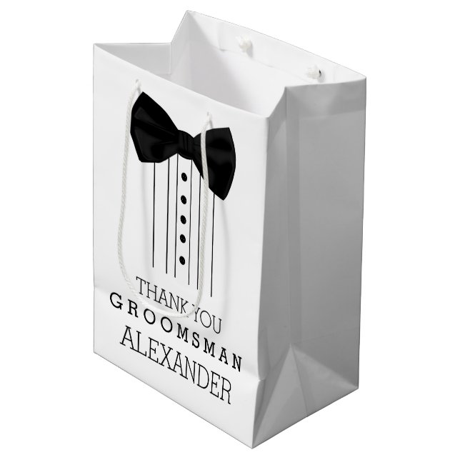 Danke Trauzeuge Black Bow Krawatte Tuxedo Shirt Mittlere Geschenktüte (Vorderseite Schrägansicht)