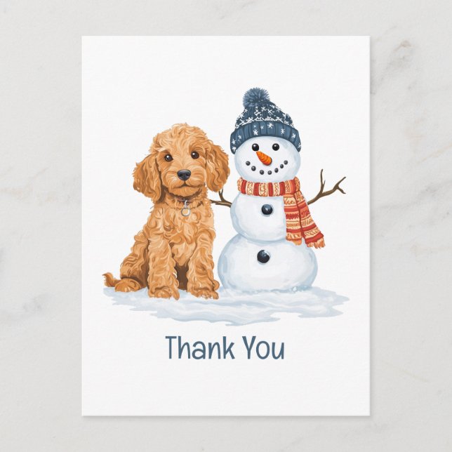 Danke Urlaub Winter Goldendoodle Hund Schneemann Postkarte (Vorderseite)