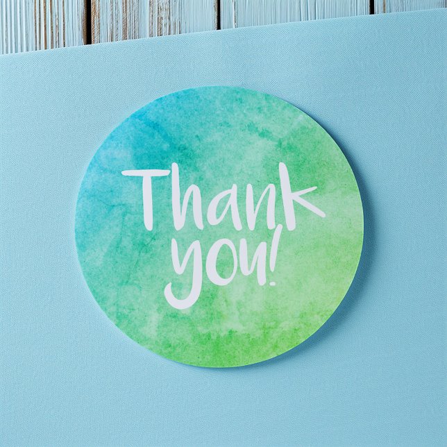 Danke Wasserfarbe hellgrün Aufkleber (Round thank-you sticker with a blue and green watercolor gradient and handwritten-style white text)