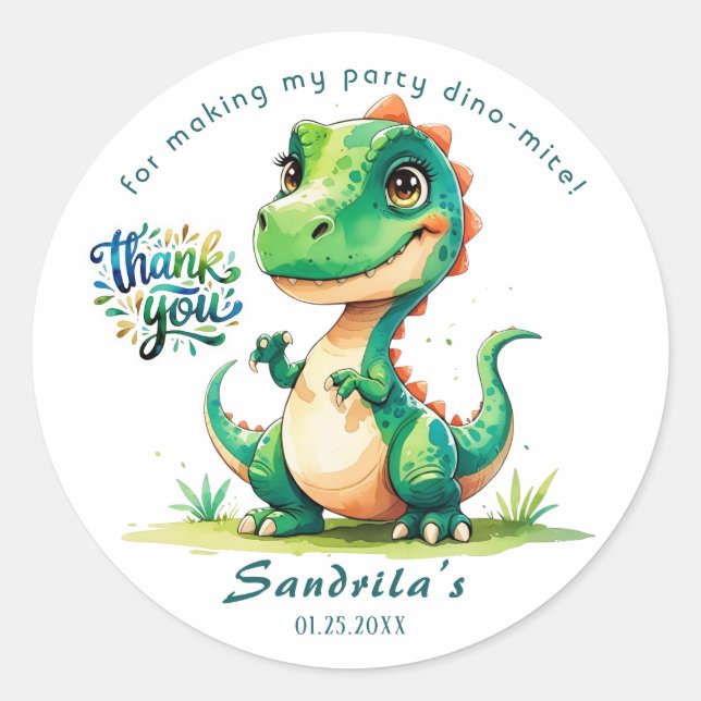 Danke Wasserfarben-Dinosaurier  Runder Aufkleber (Vorderseite)