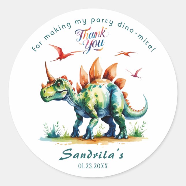 Danke Wasserfarben-Dinosaurier  Runder Aufkleber (Vorderseite)