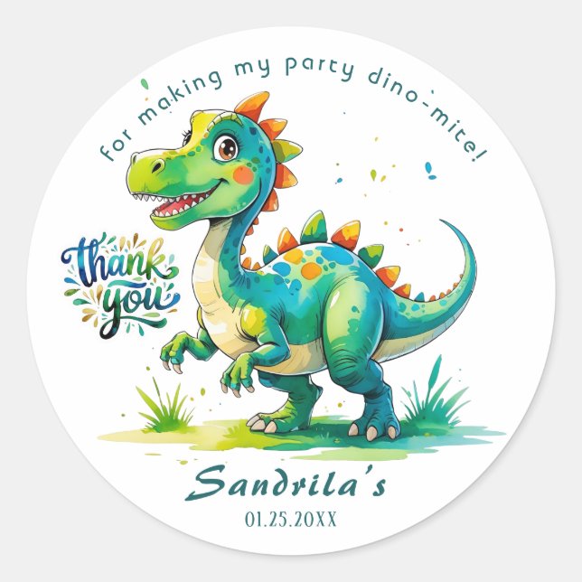 Danke Wasserfarben-Dinosaurier  Runder Aufkleber (Vorderseite)