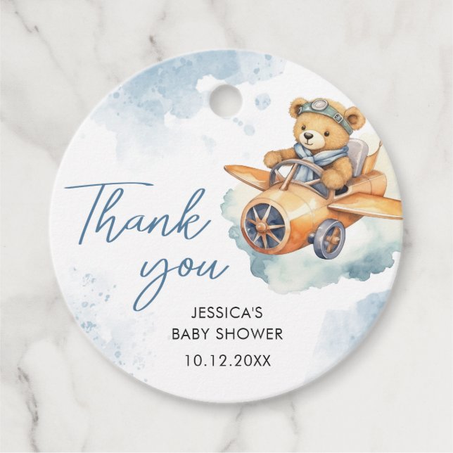 Danke Watercolor Teddy Bear Baby Dusche Geschenkanhänger (Vorderseite)