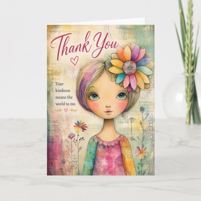Danke Whimsical Floral Mädchen Farbe Karte (Vorderseite)