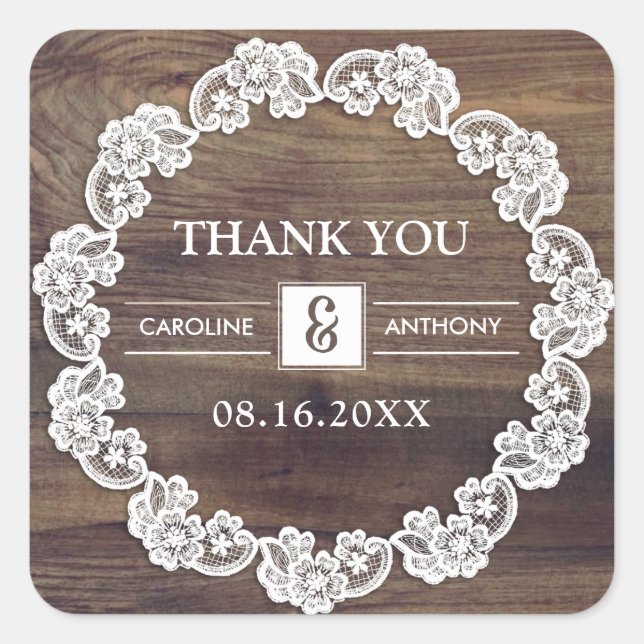 Danke. White Lace Barn Wood Wedding Quadratischer Aufkleber (Vorderseite)