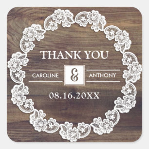 Danke. White Lace Barn Wood Wedding Quadratischer Aufkleber