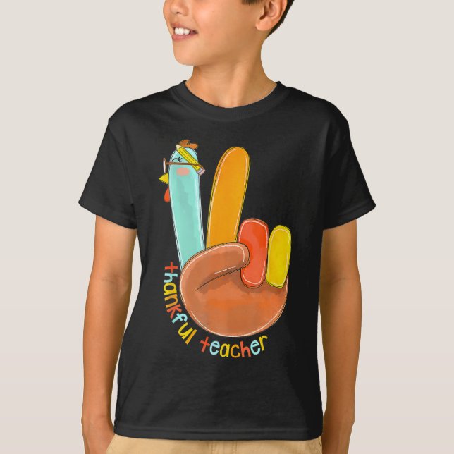 Dankenswerter Lehrer Funny Erntedank Peace Hand Si T-Shirt (Vorderseite)