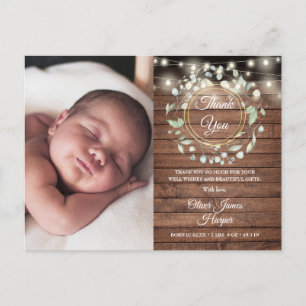 Dankeschön-Babyfoto-Grün-Rustikales Holz Geburt Ankündigungspostkarte