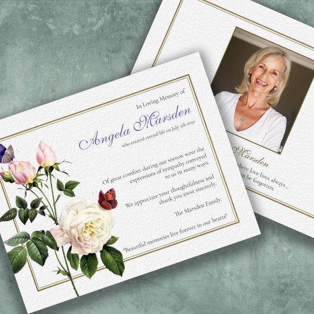 Dankeschön für Ihre Karte für Bestattungsschmetter (Funeral Elegant Butterflies and Roses Bereavement Memorial Sympathy Thank You Card)