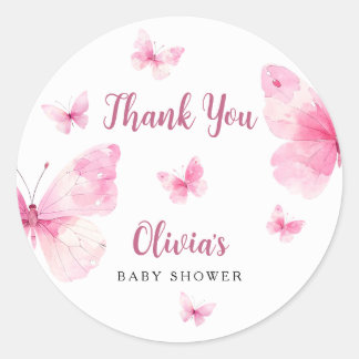 Dankeschön für rosa Schmetterlings-Baby-Party Runder Aufkleber