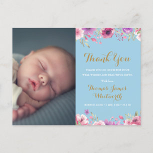 Dankeschön-Geburtsfoto für Babyjungen mit floraler Ankündigungspostkarte