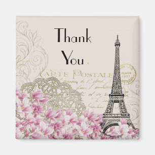 Dankeschön mit Vintage-Eiffelturm und rosa Blumen Magnet