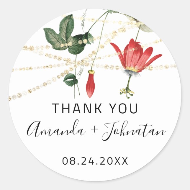 Dankeschön Rose Datum White Golden Lights Ivy Runder Aufkleber (Vorderseite)