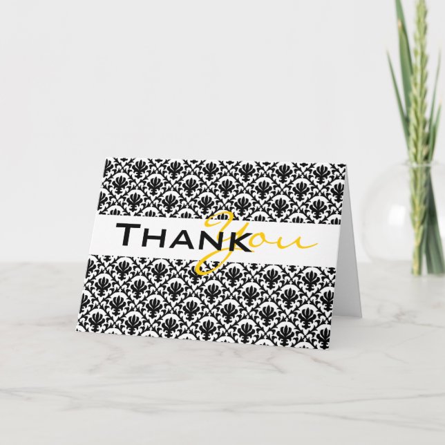 Dankeschön! Schwarz-Gelb-Damast-Hochzeit Dankeskarte (Vorderseite)