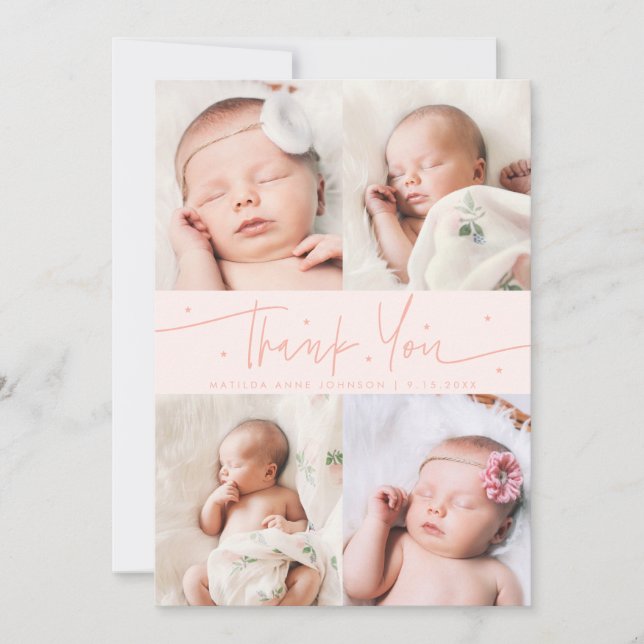 Dankeschön-Skript Sterne Pfirsich-Foto-Grid-Geburt Ankündigung (Vorderseite)