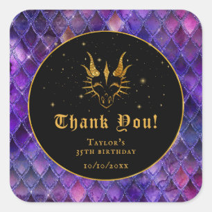 Dankeschön zum Geburtstag mit violetten Drachensch Quadratischer Aufkleber