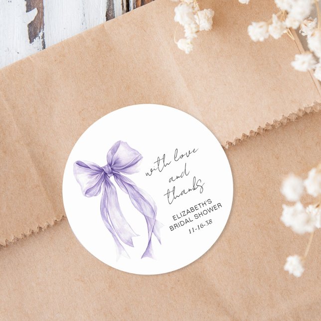 Dankeschön zur Brautparty mit violetter Schleife Runder Aufkleber (Purple Bow Bridal Shower Thank You Classic Round Sticker)