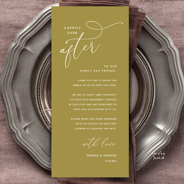 Dankeskarten für das Hochzeitsdinner 'Für immer gl Programm (Welcome and Thanks, Happily Ever After Modern Wedding Dinner Thank You Card in Classy Yellow Gold)