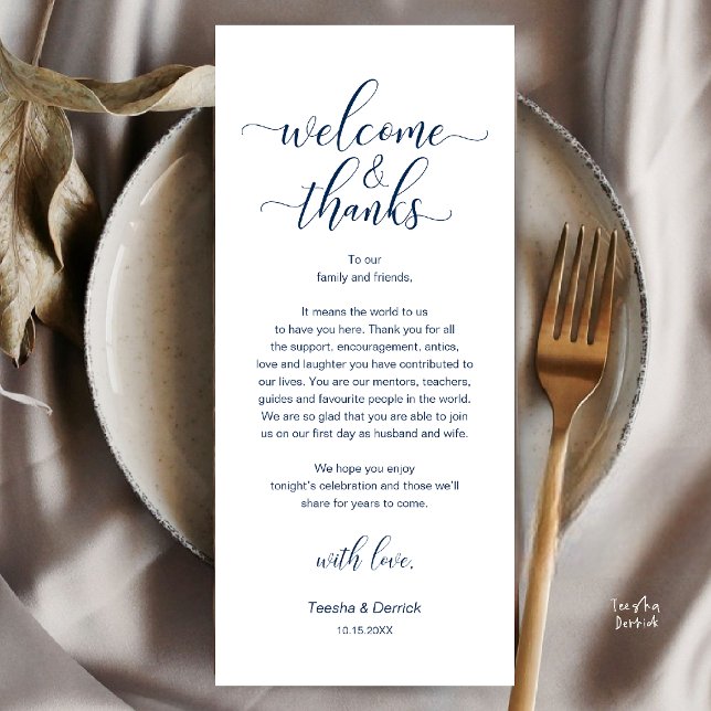Dankeskarten für die Hochzeitsplatzierung in Marin Programm (Welcome and Thanks, Wedding Dinner Place Setting Thank You Card in Navy Blue)