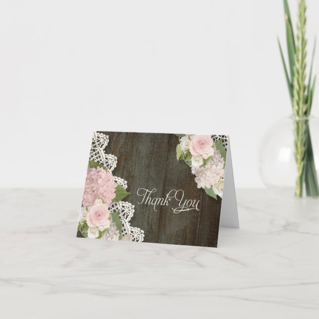 Dankeskarten Rosa Hortensien Blumen Dunkles Holz Dankeskarte (Vorderseite)