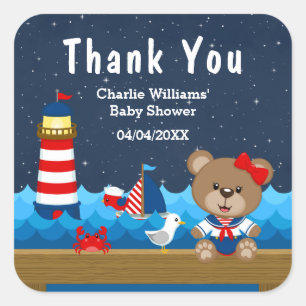 Danksagung für Nautical Girl Bear Rot Baby Shower Quadratischer Aufkleber