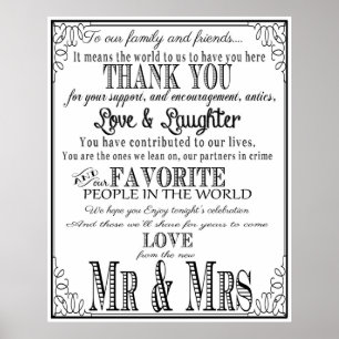 Danksagungs-Hochzeitsschild Schwarz & Weiß Poster