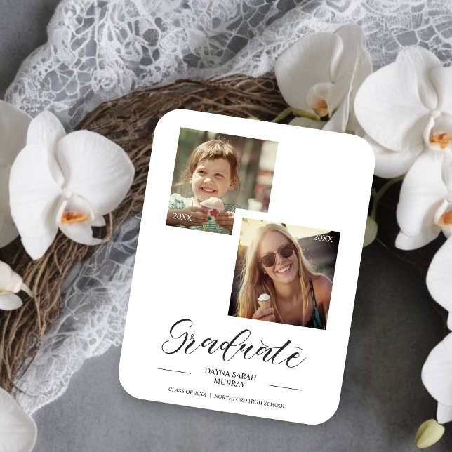 Dann & Jetzt Abschluss Zwei benutzerdefinierte Fot Magnet (Then & Now Graduation Two Custom Photos Script Magnet.)